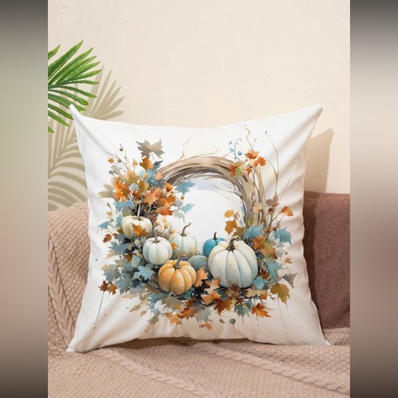Other - NWT Soft White- Colorful Pumpkins Floral Harvest Wreath Pillow Cover 18x18